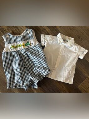 Vintage HUSHPUPPIES  baby boy outfit 3-6 mo overalls and shirt Airplane